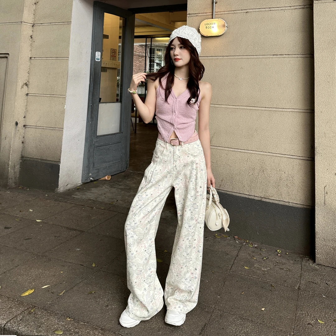 设计款小众个性涂鸦高腰阔腿拖地牛仔裤女阔腿裤慵懒风夏季