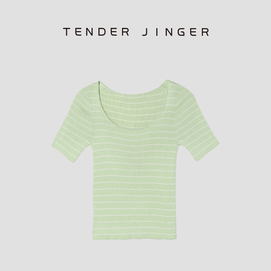 Tender Jinger【黑标】方领条纹真丝短袖T恤T52CY80277