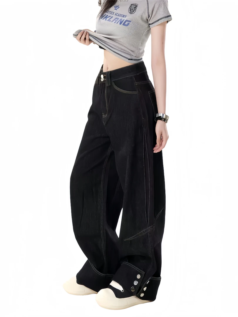 Promiseme深蓝美式宽松阔腿牛仔裤男女新款垂感慵懒休闲直筒裤