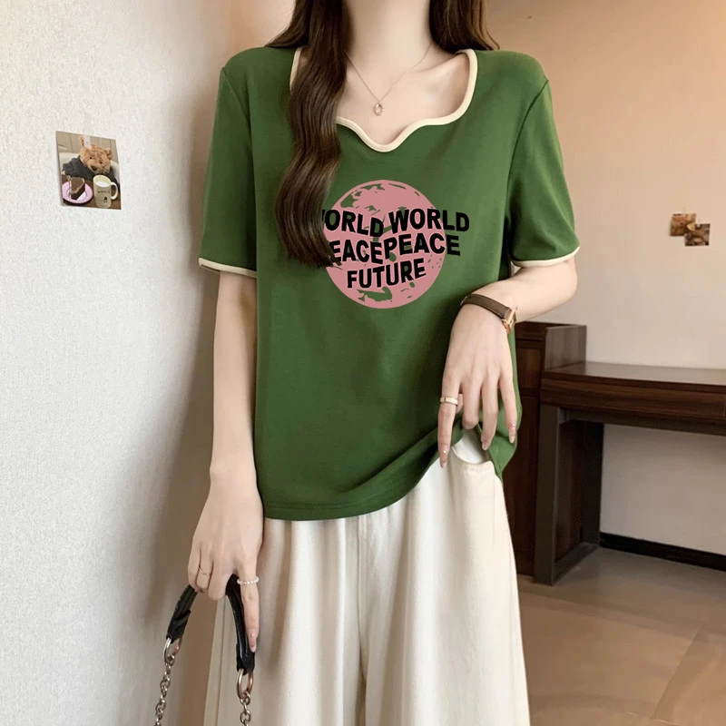 大码胖mm设计感撞色方领短袖T恤女士夏季新款纯欲风修身显瘦上衣