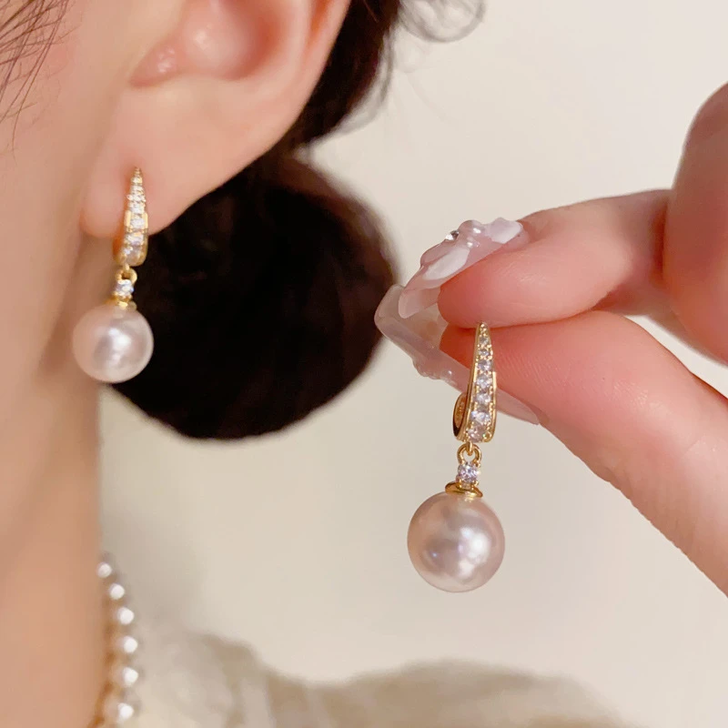 铜合金陶瓷耳饰 韩版气质时尚温柔百搭镶钻水滴珍珠耳坠女个性轻