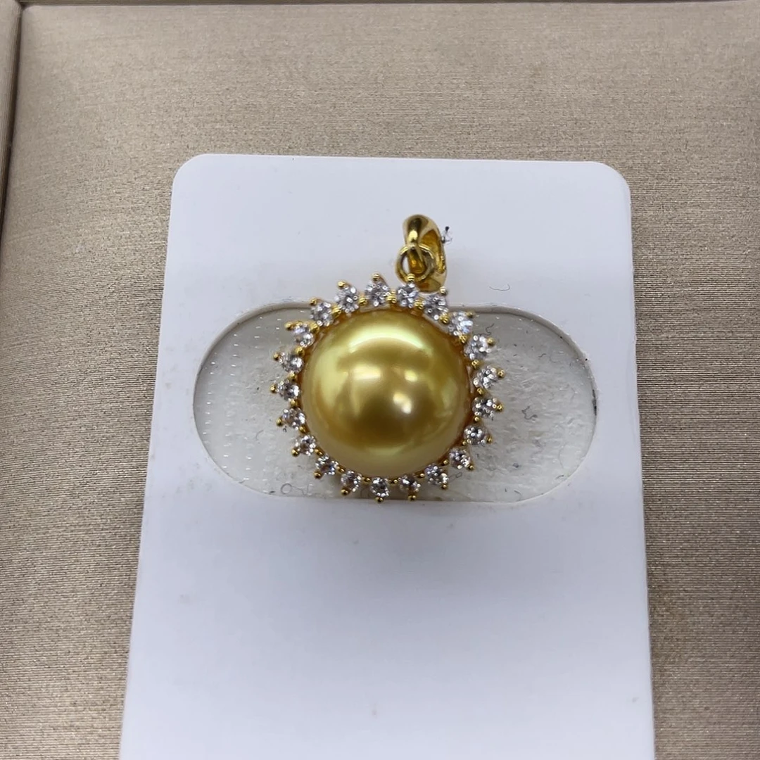 海水珍珠银S925镶嵌吊坠(不含链)茶浓金吊坠11-12mm