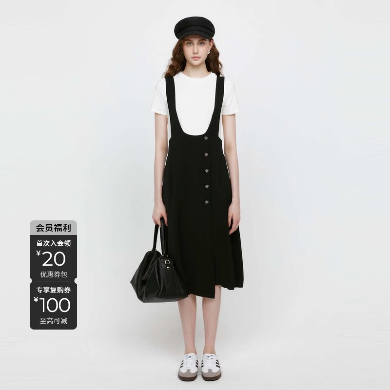 S·DEER圣迪奥夏季女装时尚休闲通勤复古气质黑色背带裙S242Z2901