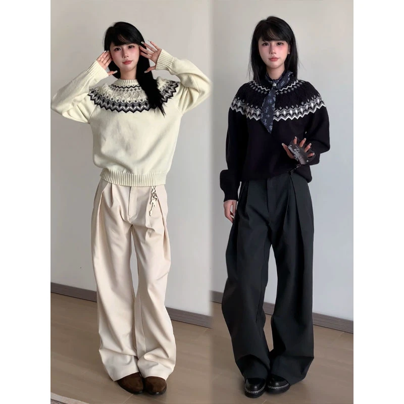 miu系费尔岛菱格毛衣男秋季美式复古提花圆领针织衫情侣内搭上衣