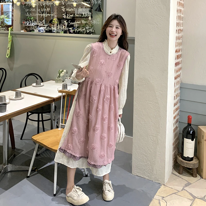 粉色叠穿连衣裙套装女春秋新款法式显瘦设计感罩衫长裙两件套