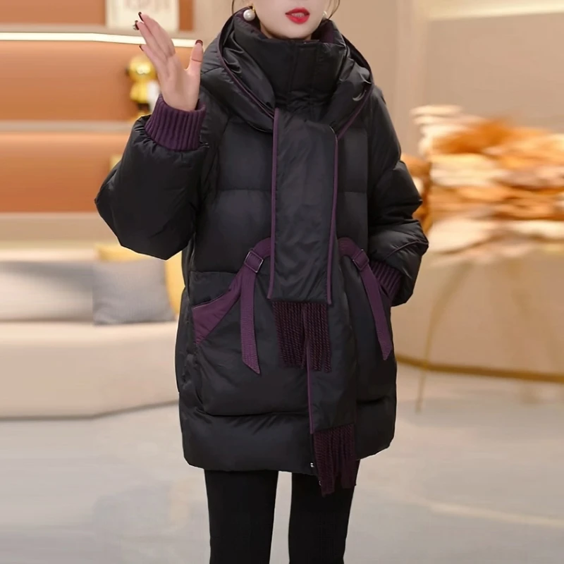 带围巾免洗保暖羽绒服女2025冬季新款高级感连帽黑色显瘦加厚外套