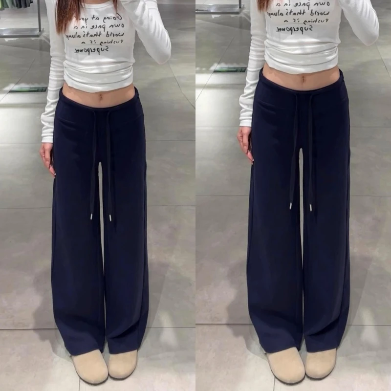 藏青色加绒直筒裤女秋冬2025新款高腰休闲宽松显瘦小个子阔腿卫裤