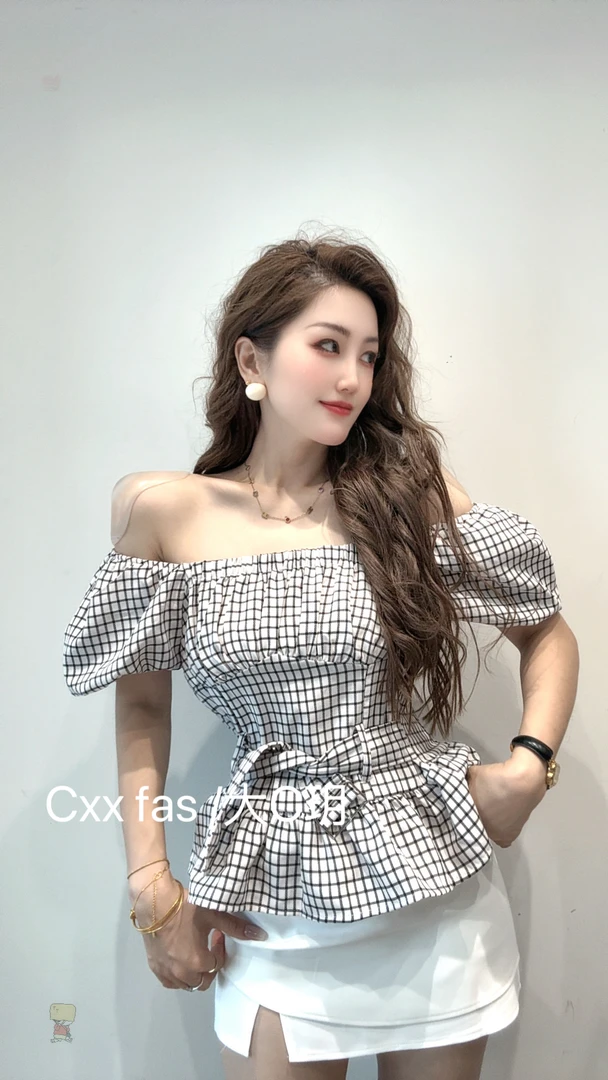 【CXX】欧货韩式格子拉肩中长款上衣