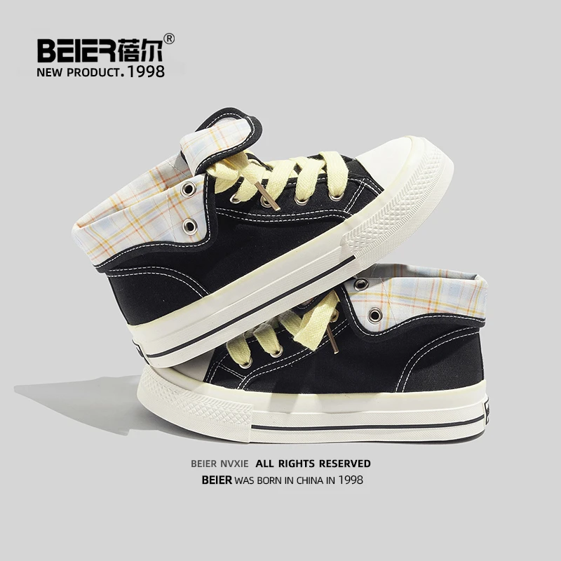 蓓尔百搭帆布鞋女款红色鞋子2025新款高帮学生厚底增高板鞋6926