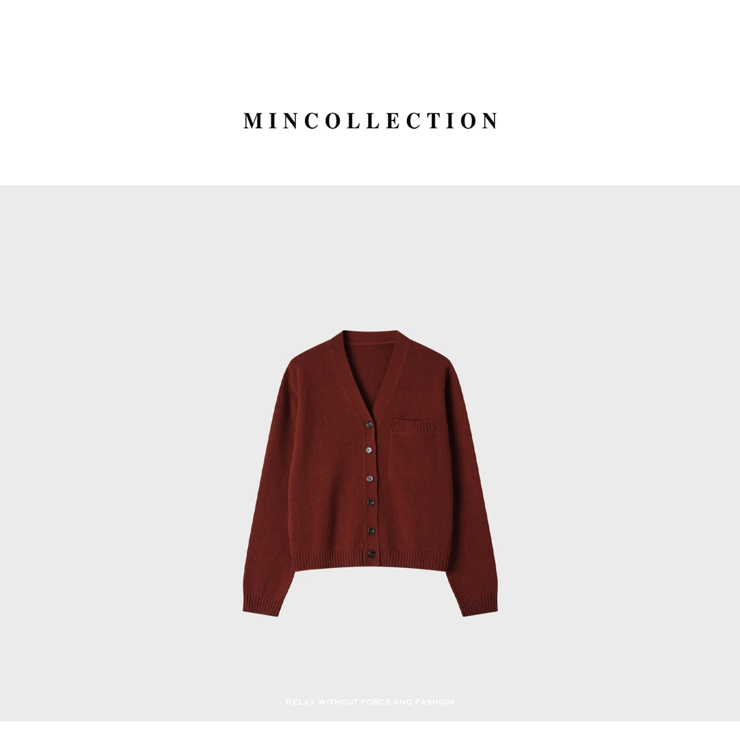 DE Mincollection砖红开衫/定染小众色V领全羊毛针织开衫40495