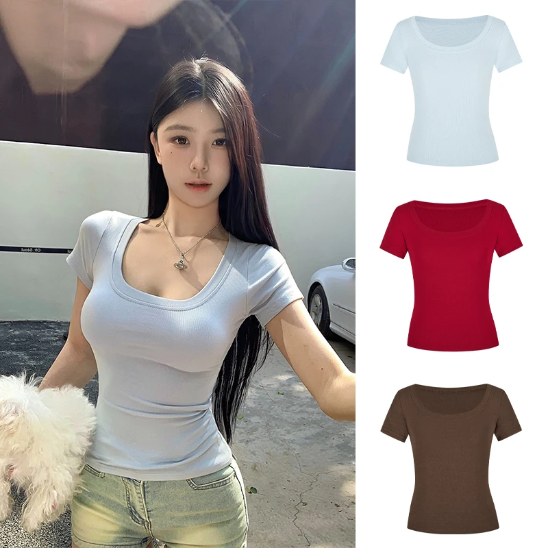 Moses Queen/魔西女王U领正肩T恤显瘦收腰短袖女夏季纯欲打底上衣