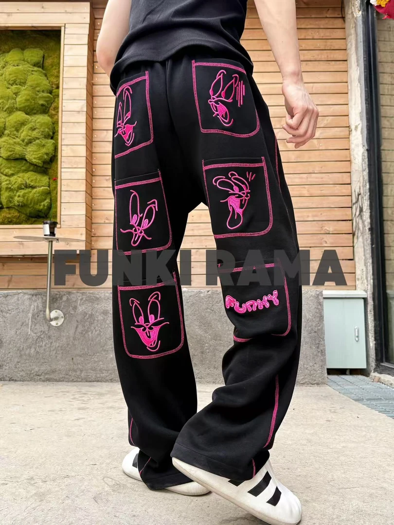 FR-【口袋怪长裤】贴布口袋刺绣宽松直筒阔腿卫裤男女同款