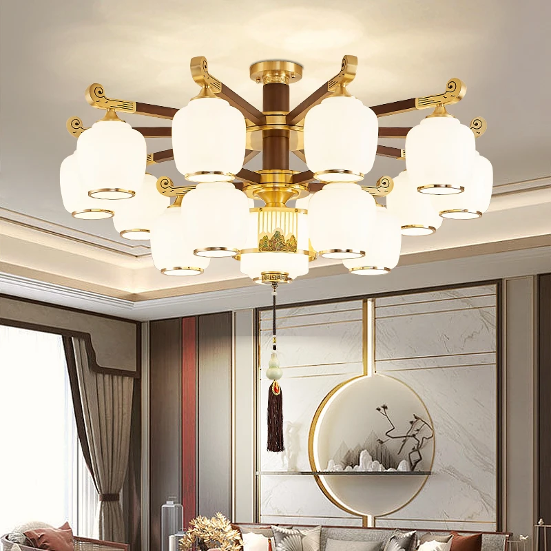 新中式吊灯全铜实木客厅灯中国风千里江山大厅吸顶餐厅灯禅意新款