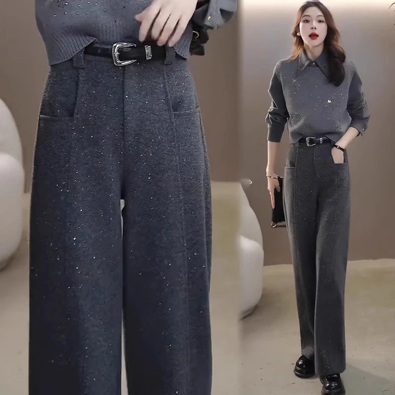 春秋烫钻灰色羊毛呢西装裤女秋冬季2025年新款阔腿裤直筒裤子加绒