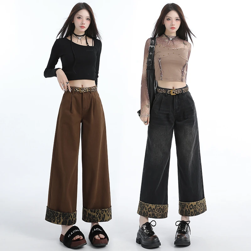 2025秋装美式复古新款黑灰色直筒裤翻脚边九分裤阔腿拼接牛仔裤女