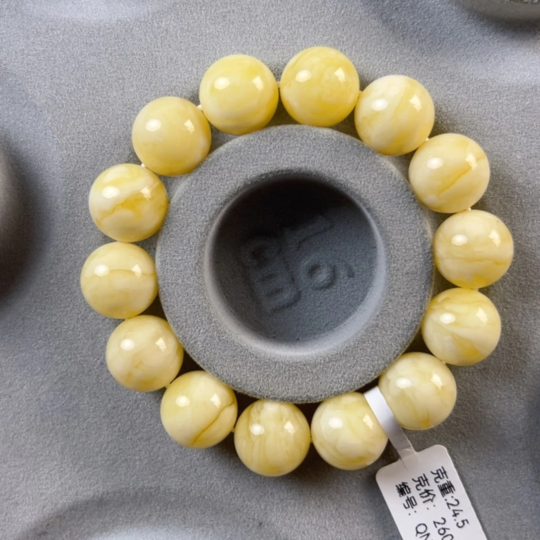 琥珀未镶嵌手串24.5g俄料白花圆珠14mm qn