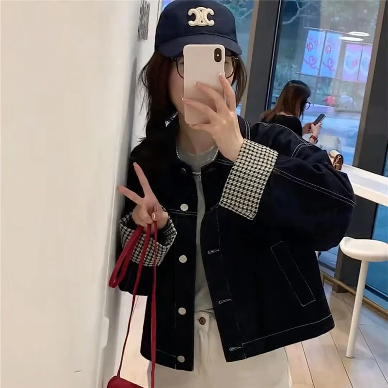 复古撞色袖口格子牛仔外套女春秋设计感宽松bf慵懒风短款夹克上衣