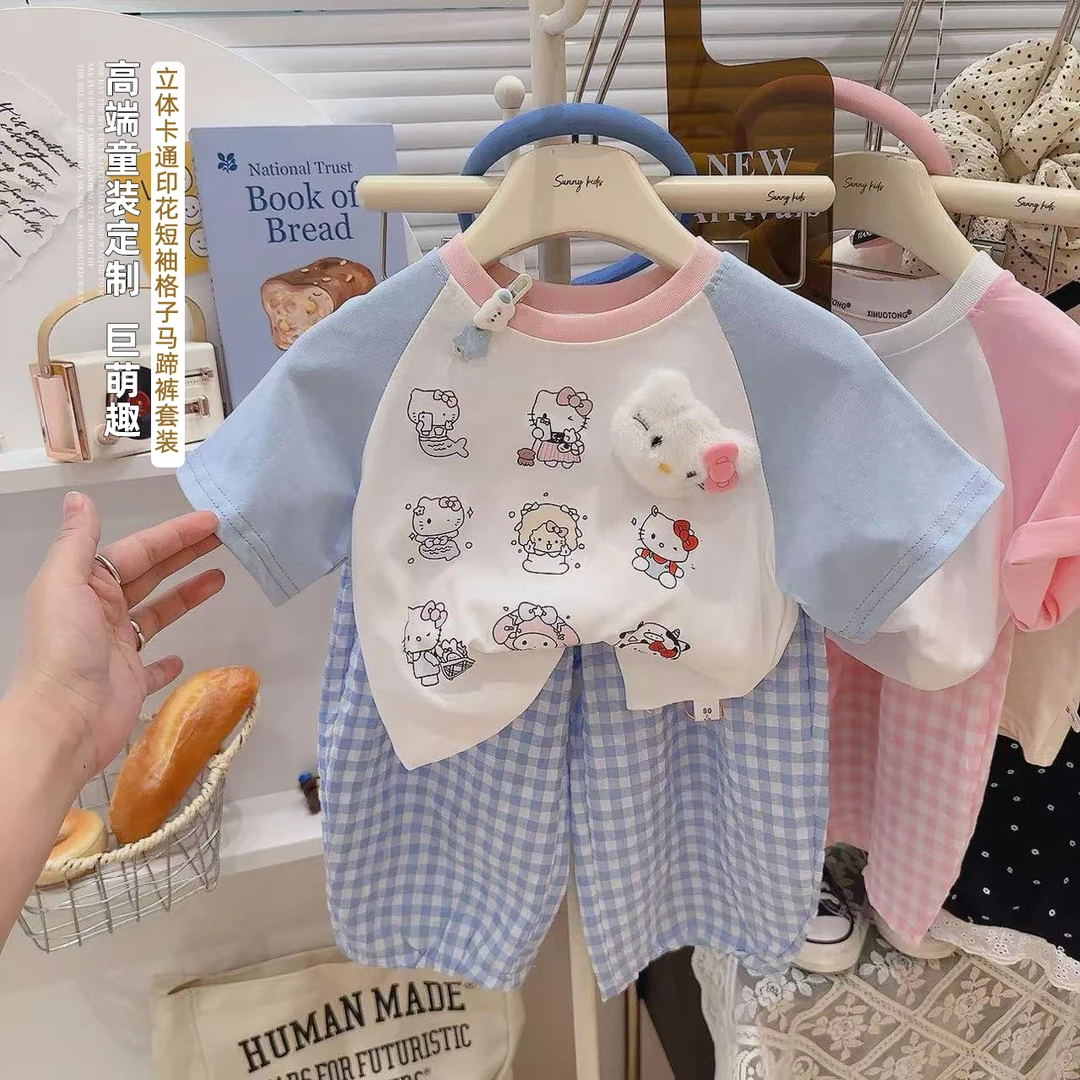 （亲子装）2025夏季新款儿童休闲卡通印花短袖格子裤爆款套装