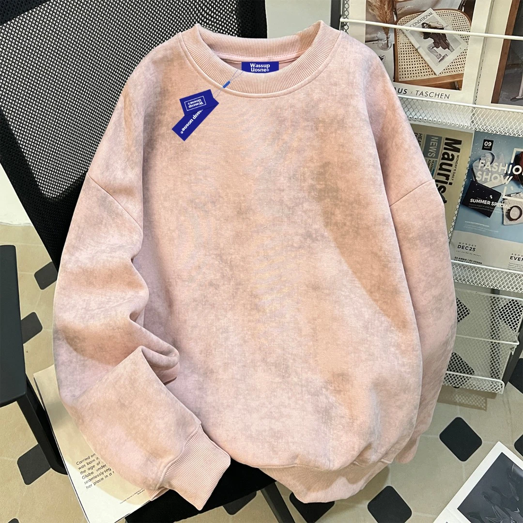 WASSUP UOSNE圆领粉色重磅短宽卫衣男秋天薄款多巴胺百搭休闲长袖