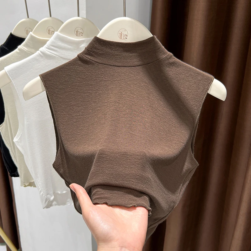 春季新款半高领假领子纯色修身显瘦背心女内搭洋气短款无袖打底衫