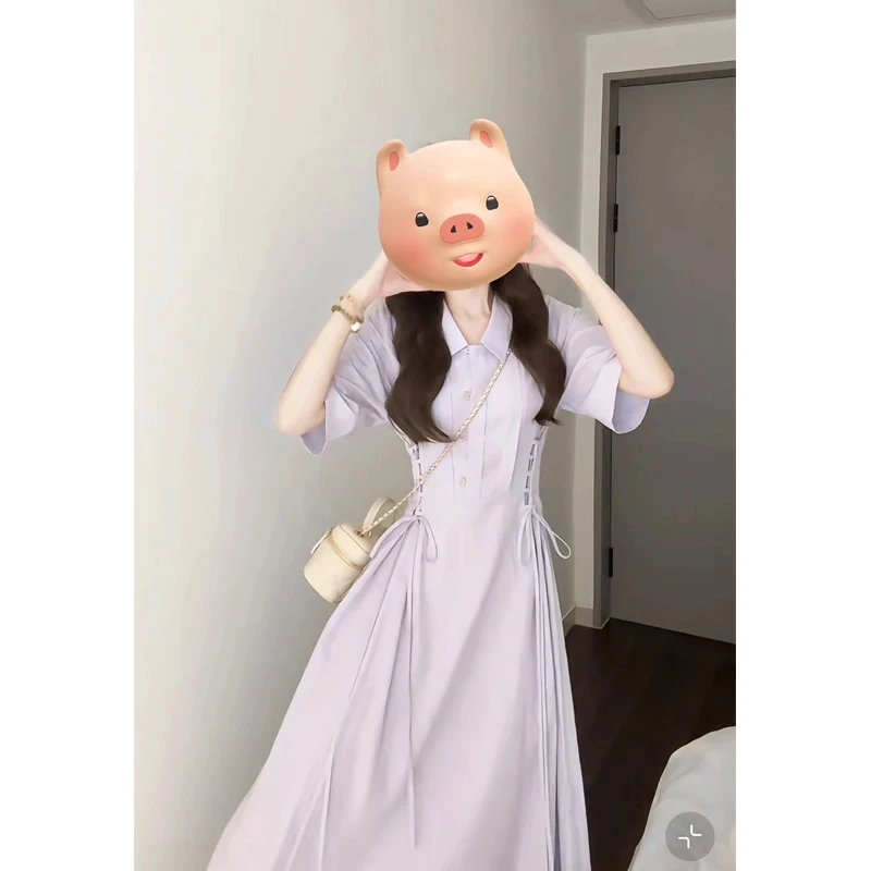 MO88ZSPF大码2025夏季浅紫色学院风连衣裙女百搭洋气衬衫长裙子仙
