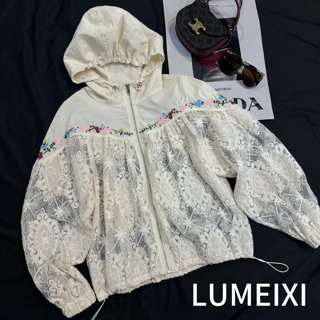 LMXPPJ【花香袭人刺绣套装】新款气质休闲连帽蕾丝镂空套装MX151