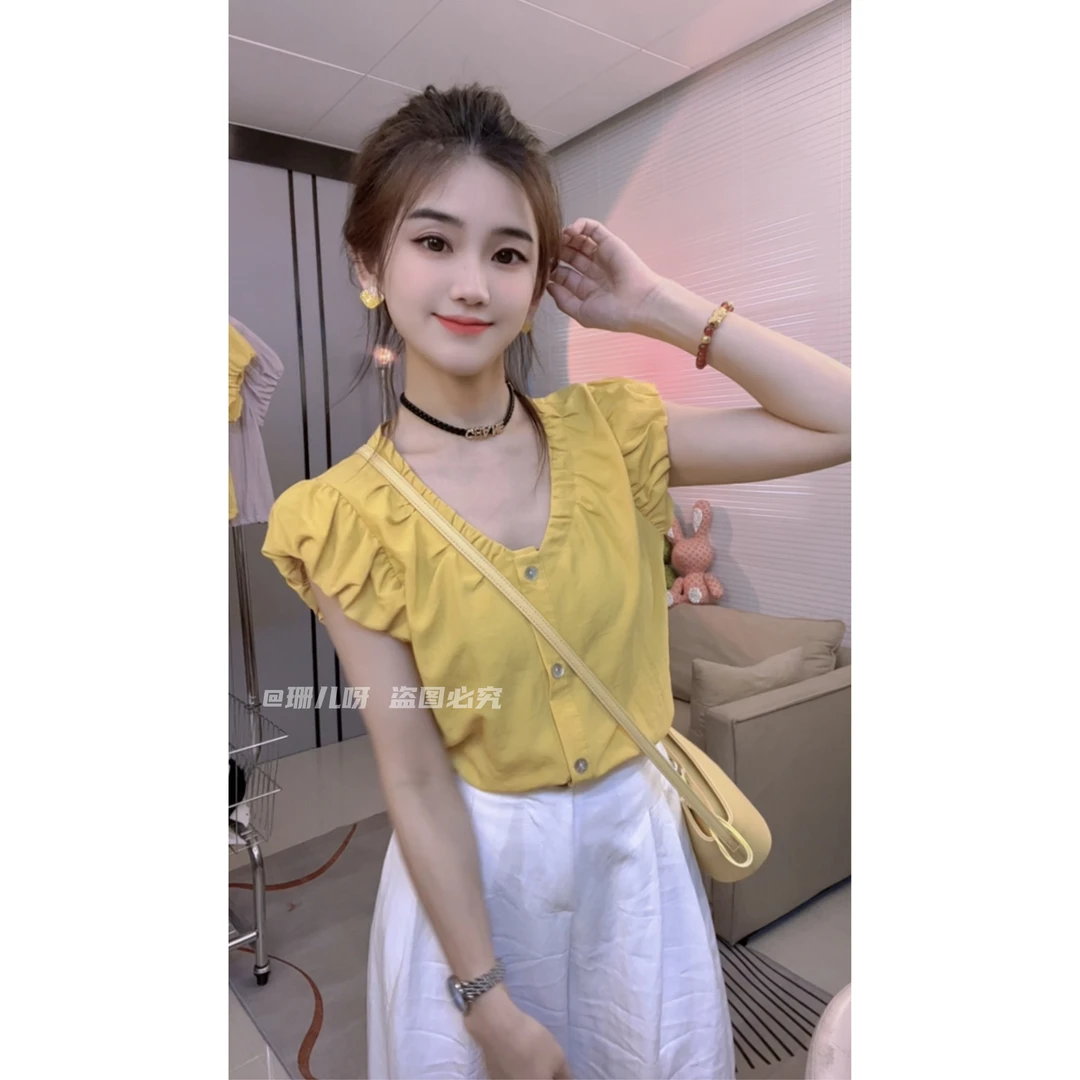 设计感不规则褶皱短袖衬衫女2025夏季新款洋气质减龄系带收腰上衣