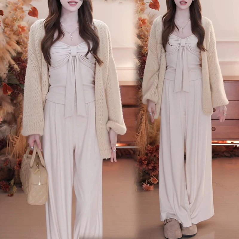 2025秋季时尚韩系灯笼袖针织开衫+吊带+休闲裤时尚三件套套装气质