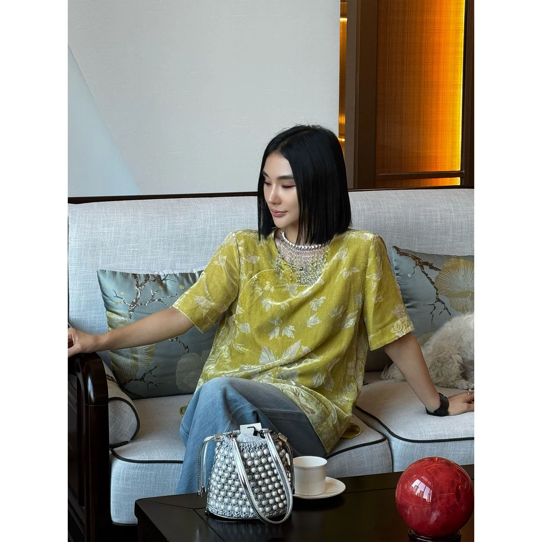 【妙妙精选】HUANGNAJI秋香黄-时尚气质桑蚕丝设计感丝绒上衣5516