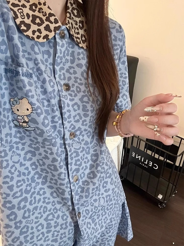 韩系甜美Kitty猫豹纹睡衣女夏季薄款2025年爆款家居服套装可外穿