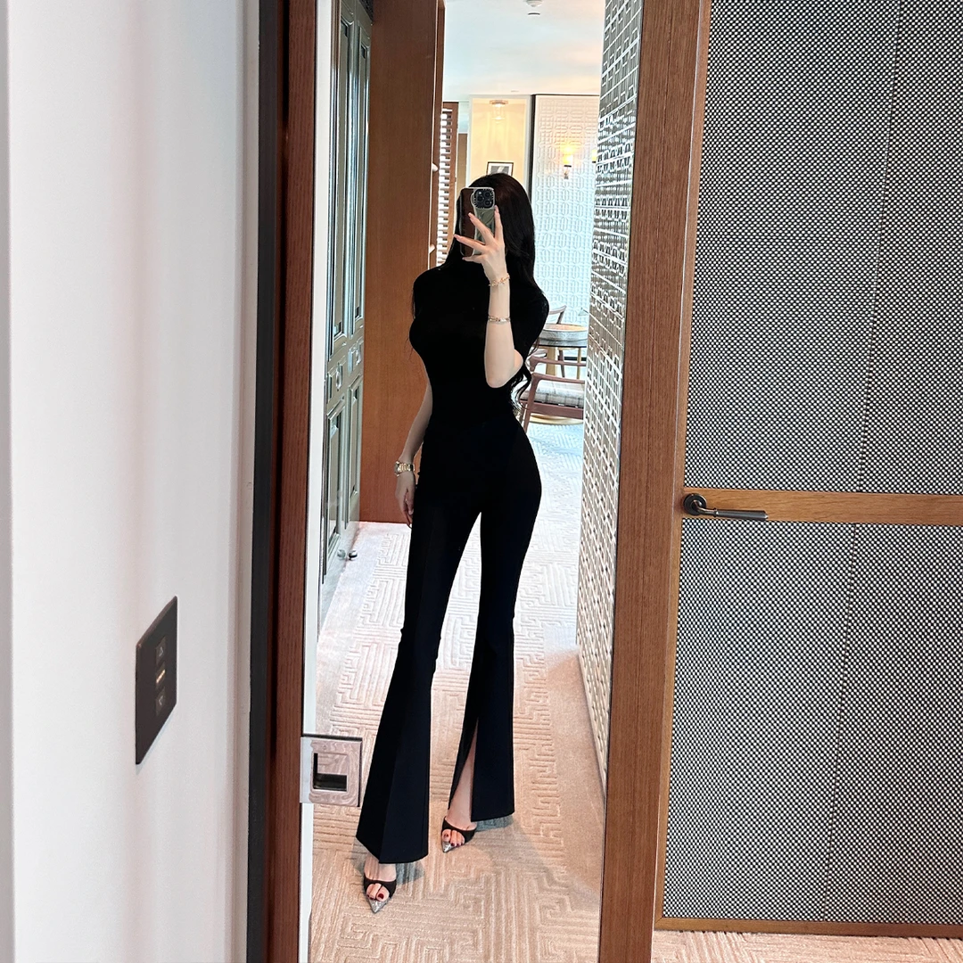 SX善喜黑色高腰显瘦修身喇叭裤前开叉弹力气质女神百搭休闲裤子女