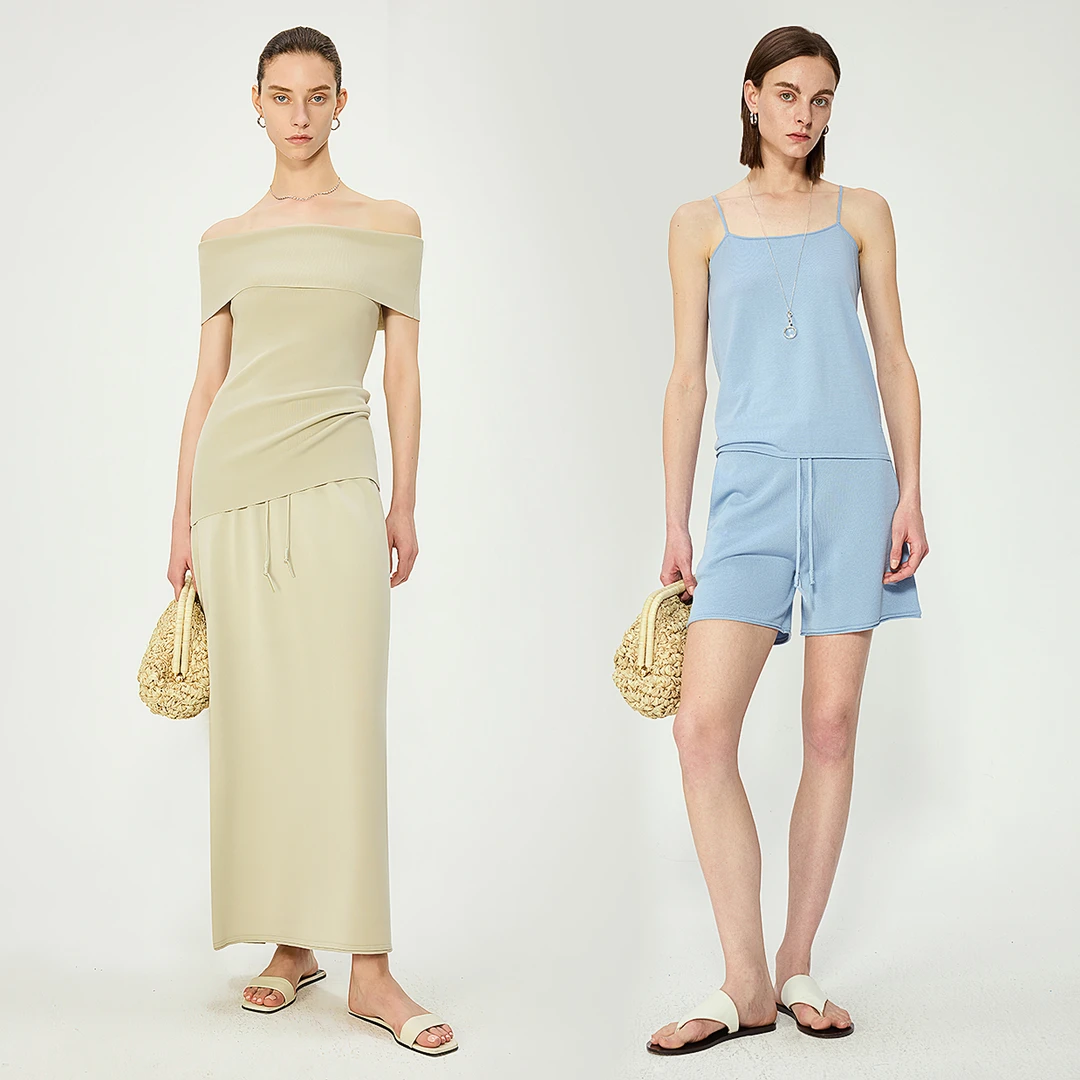 开间/夏季B入 極简清凉桑蚕丝莱赛尔一字肩卷边针织吊带半裙4件套