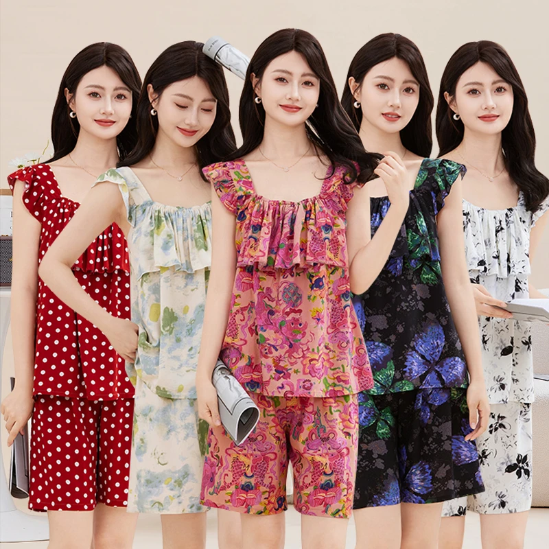 棉绸睡衣女小飞袖背心短裤套装防凸点防走光女士荷叶边睡衣居家服