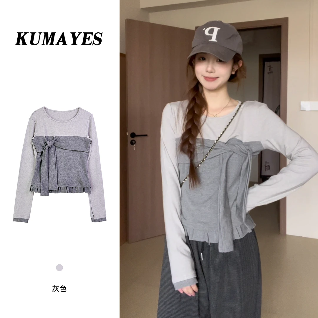 KUMAYES设计感撞色绑带假两件拼接长袖T恤女春季新款圆领修身上衣