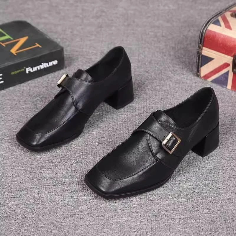 意大利牛皮方头粗跟乐福鞋女中跟深口春秋小皮鞋2025新款真皮单鞋