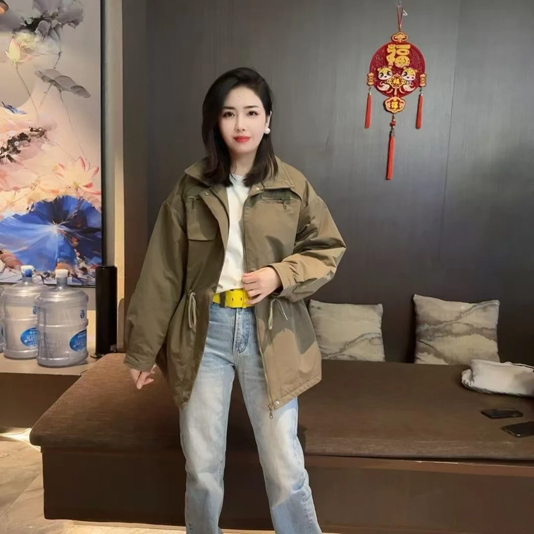 早春新款衬衫领夹棉风衣女中长款韩版宽松收腰百搭设计款二棉外套