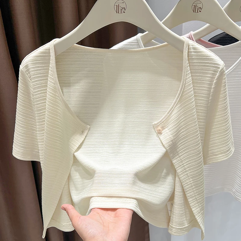 设计感条纹时尚防晒针织罩衫女夏季新款韩版纯色圆领百搭短外套女