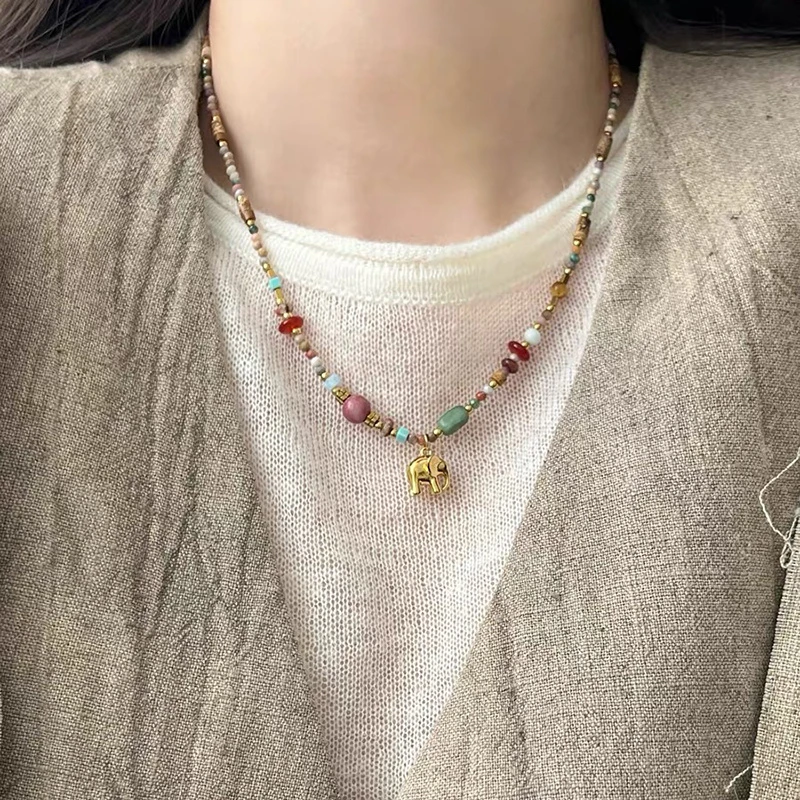 钛钢项链 不掉色小象彩色串珠项链女新中式百搭锁骨链夏轻奢配饰