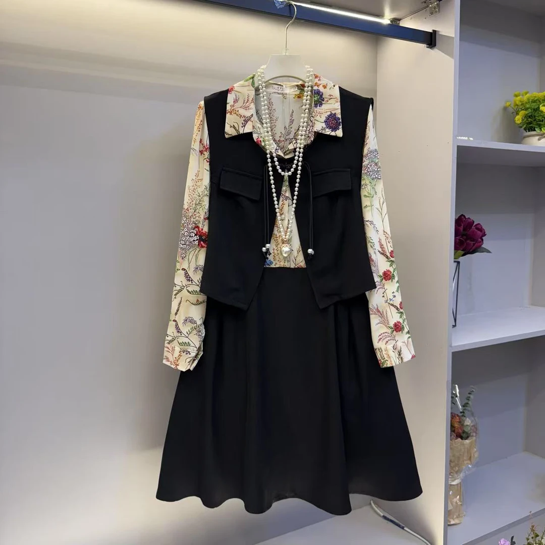 欧货新款遮肉显瘦气质百搭时尚拼接套装连衣裙