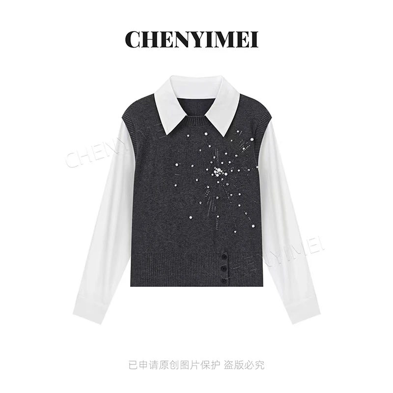CYM3648重工钉珠时尚百搭针织衬衫拼接新款显瘦上衣