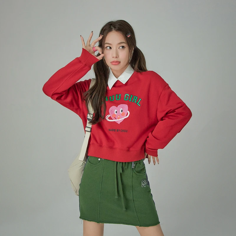 3308【金拐子专属】CHUU圆领短款卡通爱心字母印花长袖卫衣-F
