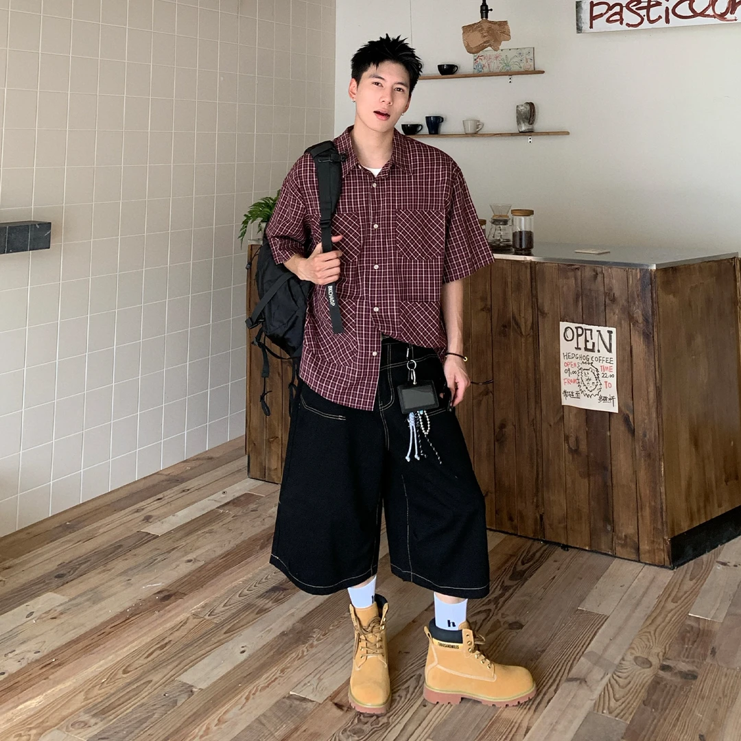 Holocene美式潮牌格子衬衫夏季cleanfit短袖宽松休闲衬衣男CS111