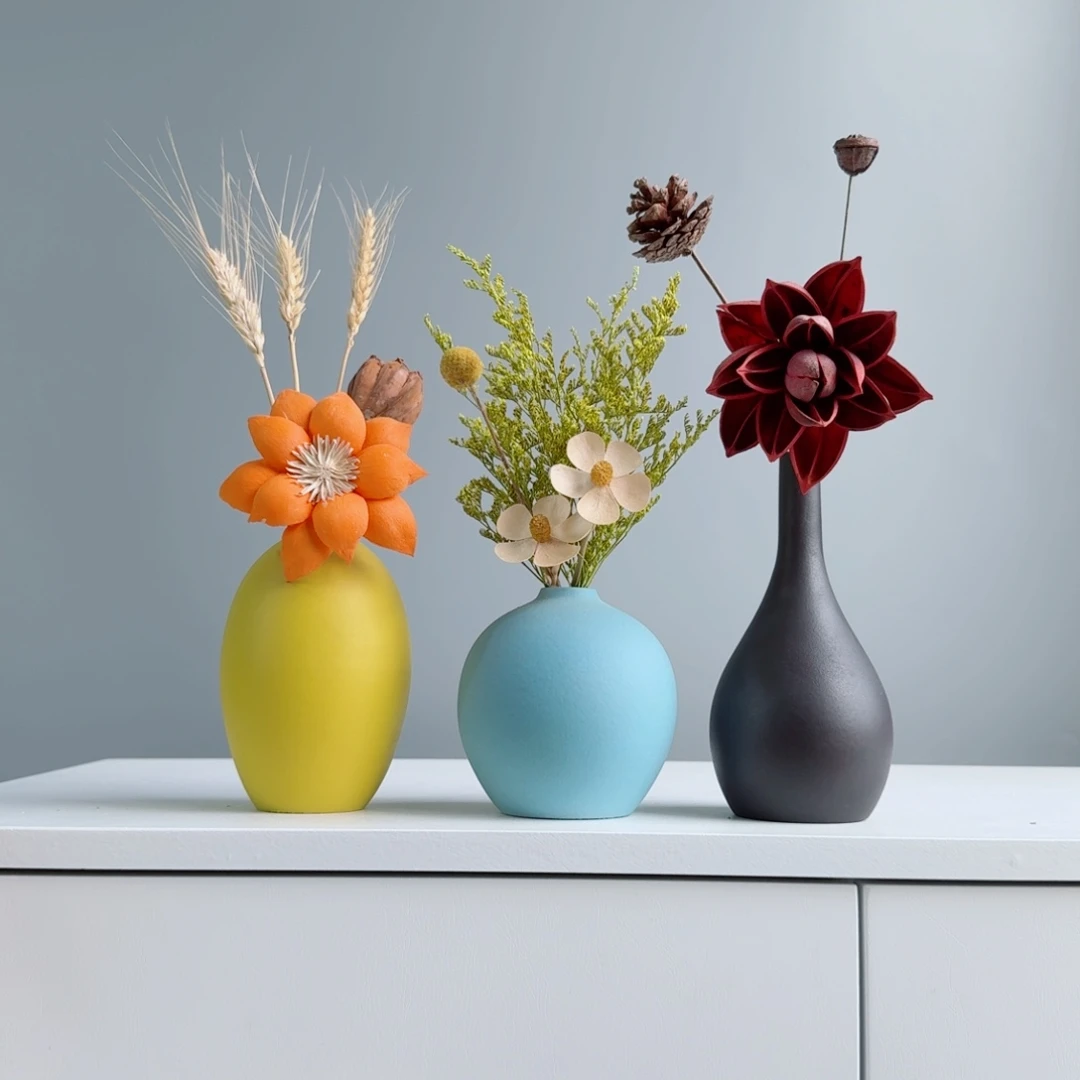 瓷片陶瓷小花瓶摆件含干花总高约20-30cm
