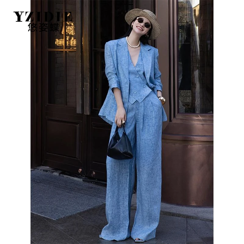 YZIDIE2025春夏新款时尚渐层炒色西装背心套装女阔腿裤正装三