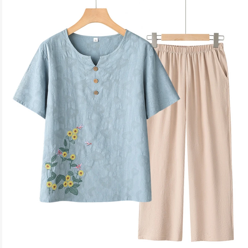 妈妈夏季短袖套装夏装奶奶两件套中老年大码T恤上衣休闲老人衣服