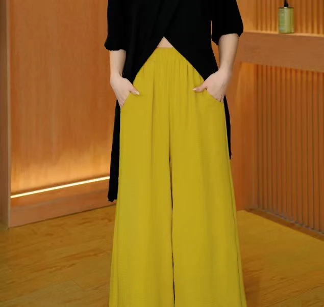X040/黄色复古显腿长阔腿裤裙裤