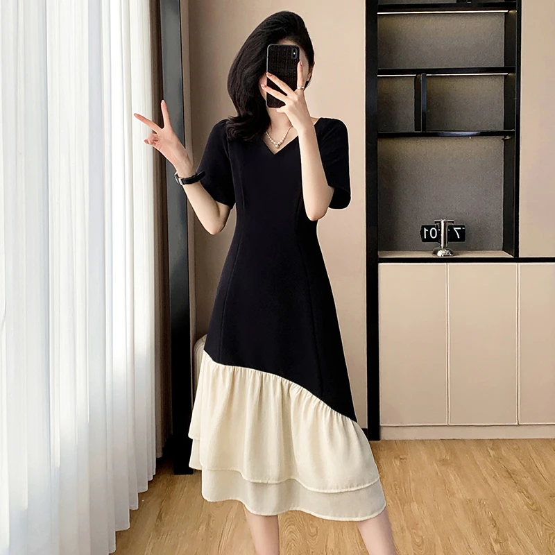 裙子女款爆款2025新款高级感派对法式撞色鱼尾短袖显瘦时尚连衣裙
