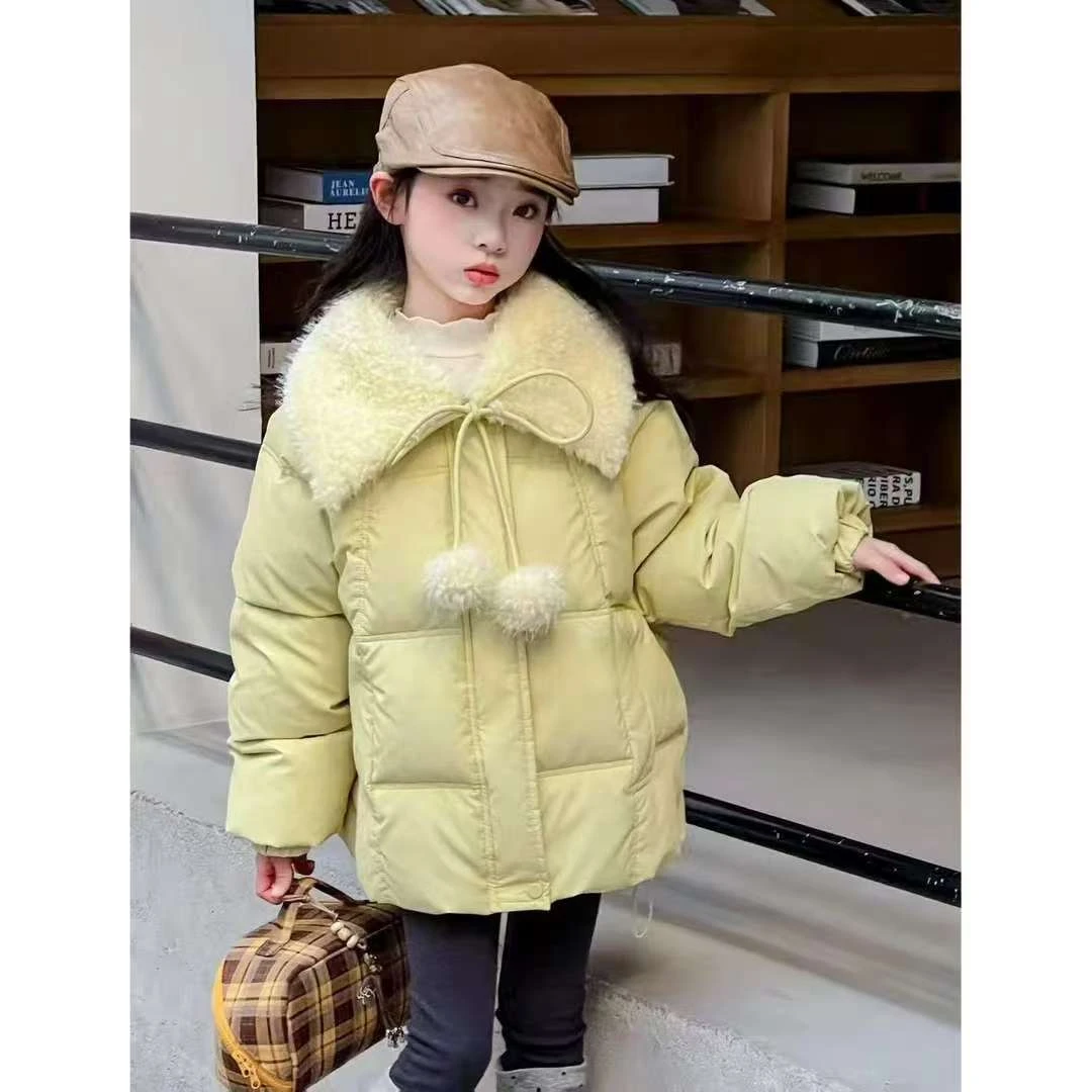 儿童女童冬季加厚加绒连帽棉服2025新款女童中长款棉袄 100%聚酯