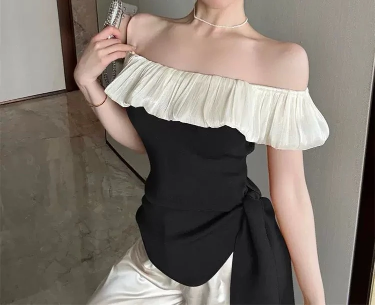 大码女装280法式一字领开叉荷叶边显瘦修身收腰绑带洋气时尚小衫