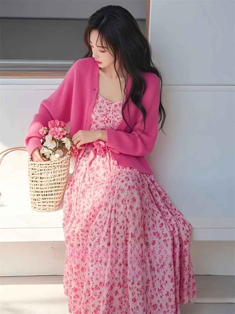 4276+4277春季时尚套装裙气质针织外搭百搭显瘦吊带连衣裙两件套